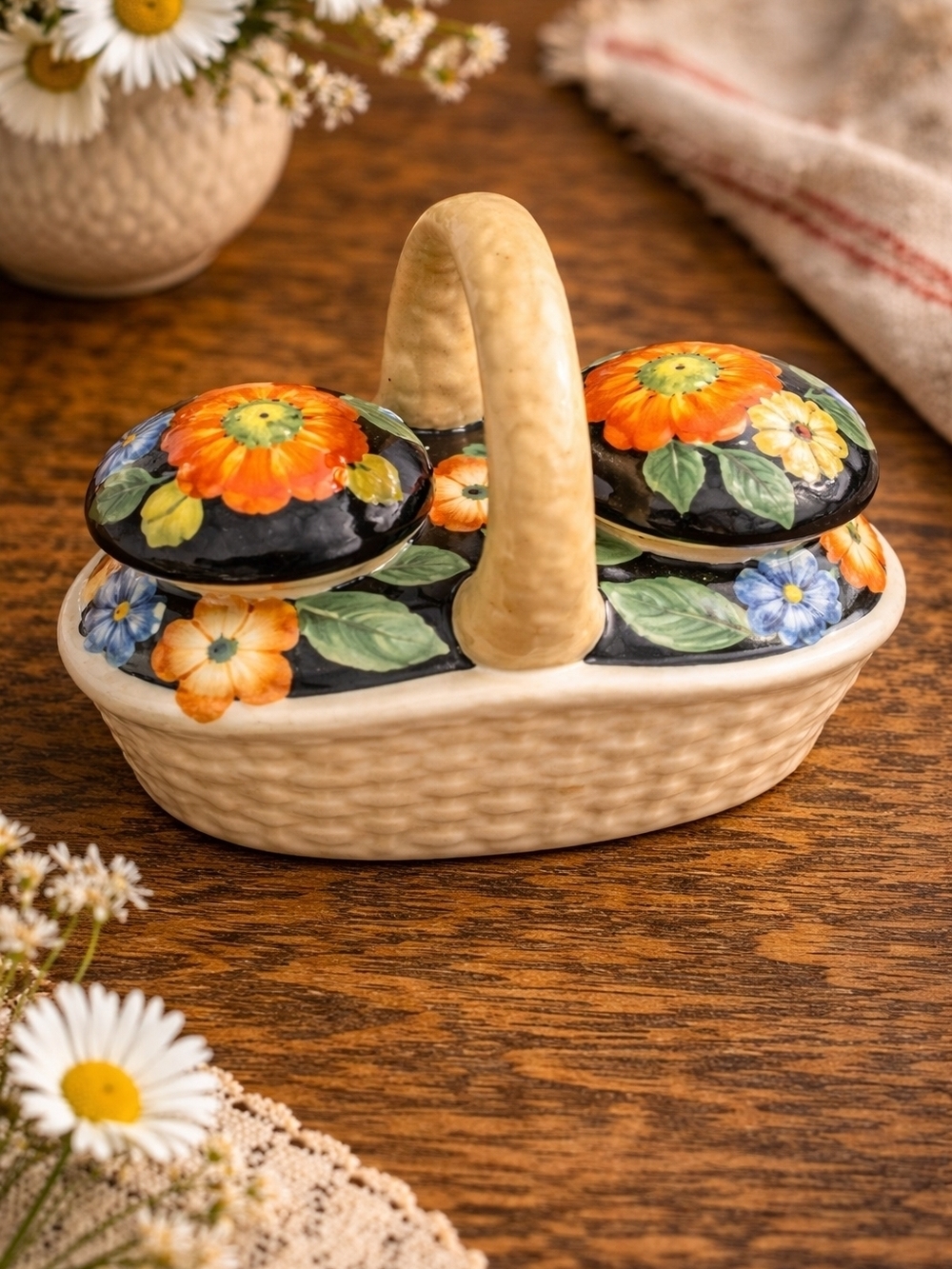 Vintage Hand Painted Japan Salt & Pepper Set Basket Floral